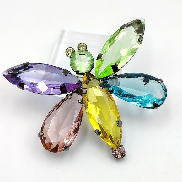 Giorgio Armani Multicolor Crystal Gunmetal Statement Butterfly Brooch Pin Y2K